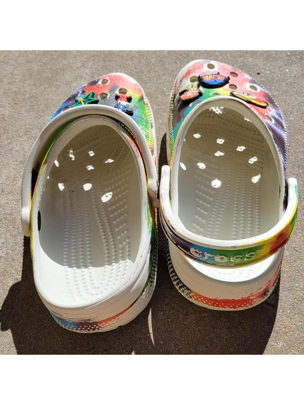 6 Youth,  8 Women's Rainbow crocs with clog charms. pre-owned, worn - Picture 5 of 7